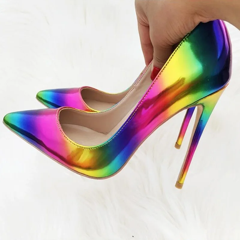 

Sexy Fluorescent Multi-color Pointed Toe Pumps 12cm Stiletto Heels Rainbow Shallow Dress Shoes Iridescent Wedding Bride Pumps