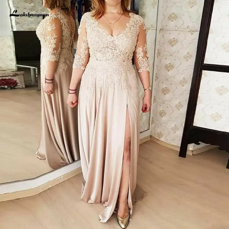

A-Line V-Neck Long Lace Mother of the Bride Dresses Three Qaurtar Sleeves Chiffon Floor Length Wedding Party Dress for Women
