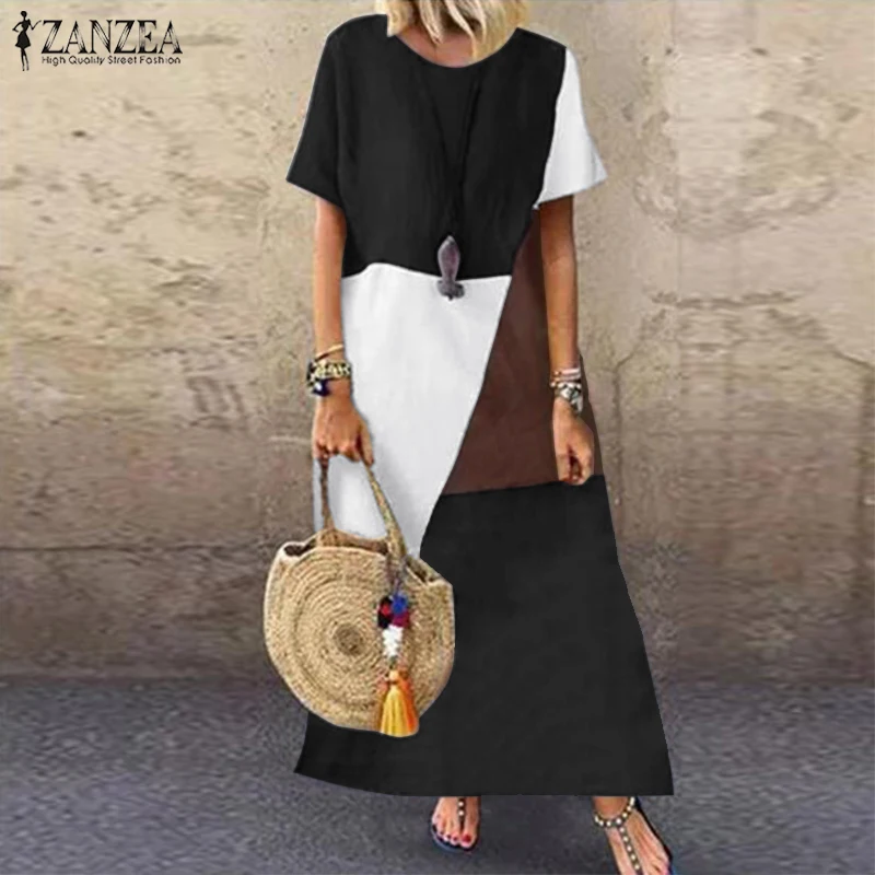 ZANZEA Макси платье женское платье с вышивкой кафтан Летняя туника Vestidos женский короткий рукав Повседневный халат Femme плюс размер