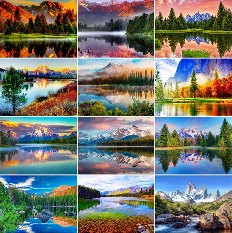 Yikexin Diamond Painting Lake Full circular Landscape Mountain Pictures Of Rhinestones Embroidery Sale Cross Stitch Art | Дом и сад