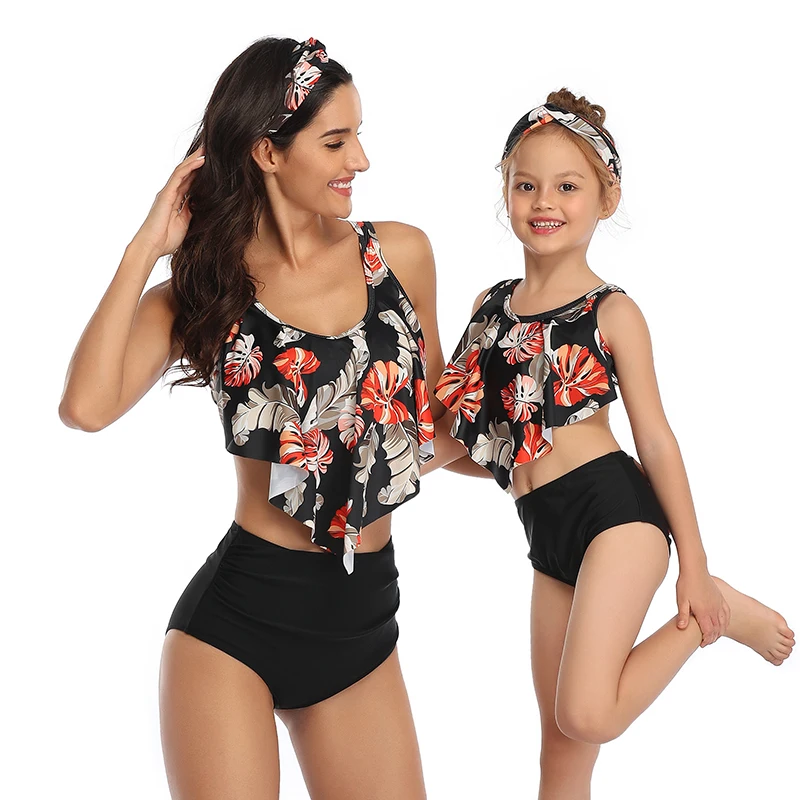 

Ruffled High Waist Swimwear Mother Daughter Matching Swimsuit Mommy and Me Clothes Family Look Mom Mum and Baby Beachwear Dress