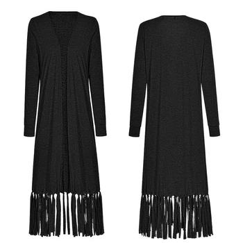 

European American Women Tassel Long Sleeve Long Cardigan Fashion Loose Solid Color Turn Down Collar Loose Casual Sweater