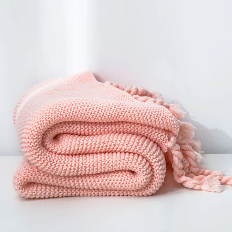 Baby pink Nordic Sofa Blanket Office Leisure Knitted Blanket with Tassel Nap Air Conditioning Blanket Warm Shawl Rectangle 51X67 Inch - Цвет: Baby pink