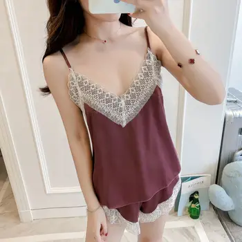 

Women Imitation Silk Sexy Lingerie Set Spaghetti Strap Camisole Side Split Shorts Lace Patchwork Pajamas Solid Color Sleepwear