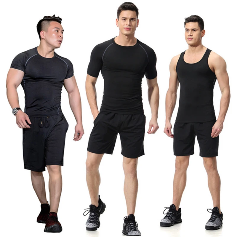 2 Pcs Shirt/Vest+Shorts Men Sport Suit Quick Dry Breathable Running Set Clothes Jogger Training Gym Fitness Sportswear Tracksuit