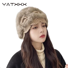  [YaTxKx] New High-Quality  Autumn Winter Warm Hand Crocheted Rabbit Fur Knitted Wool Hat  Korean Lovely Hollow Flower Baotou Cap 