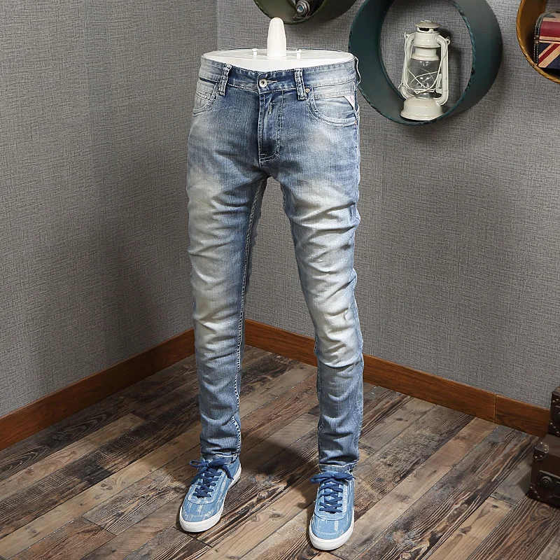 

Italian Style Fashion Men Jeans Light Blue White Wash Slim Fit Classical Vintage Jeans Summer Simple Designer Jeans Men Pants