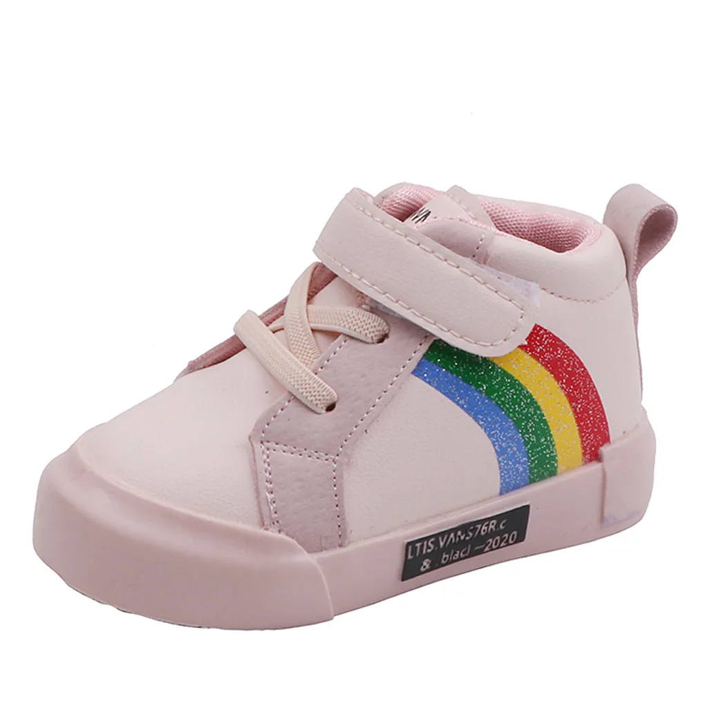 JAYCOSIN First Walker Sneakers Fashion Rainbow Kids Light Weight Pu Leather Flats Shoes Baby Boys Girls Soft Rubber Sneaker - Color: PK