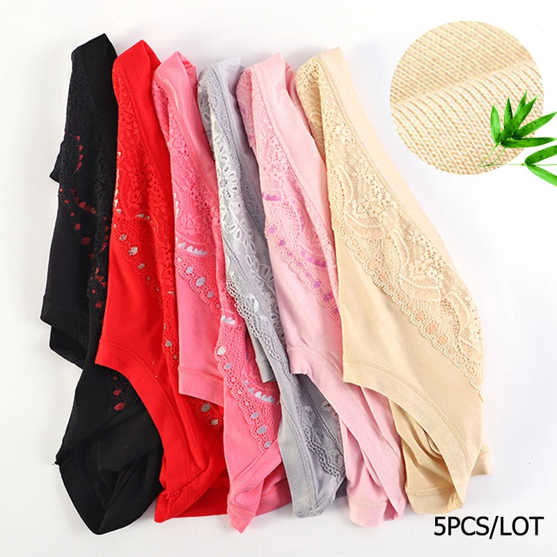 

5pcs/lot Lace Panties Bamboo Fiber Underwear For Women Red Panty Solid Breathable Briefs Sexy Lingerie Feminina Modal Crotchless
