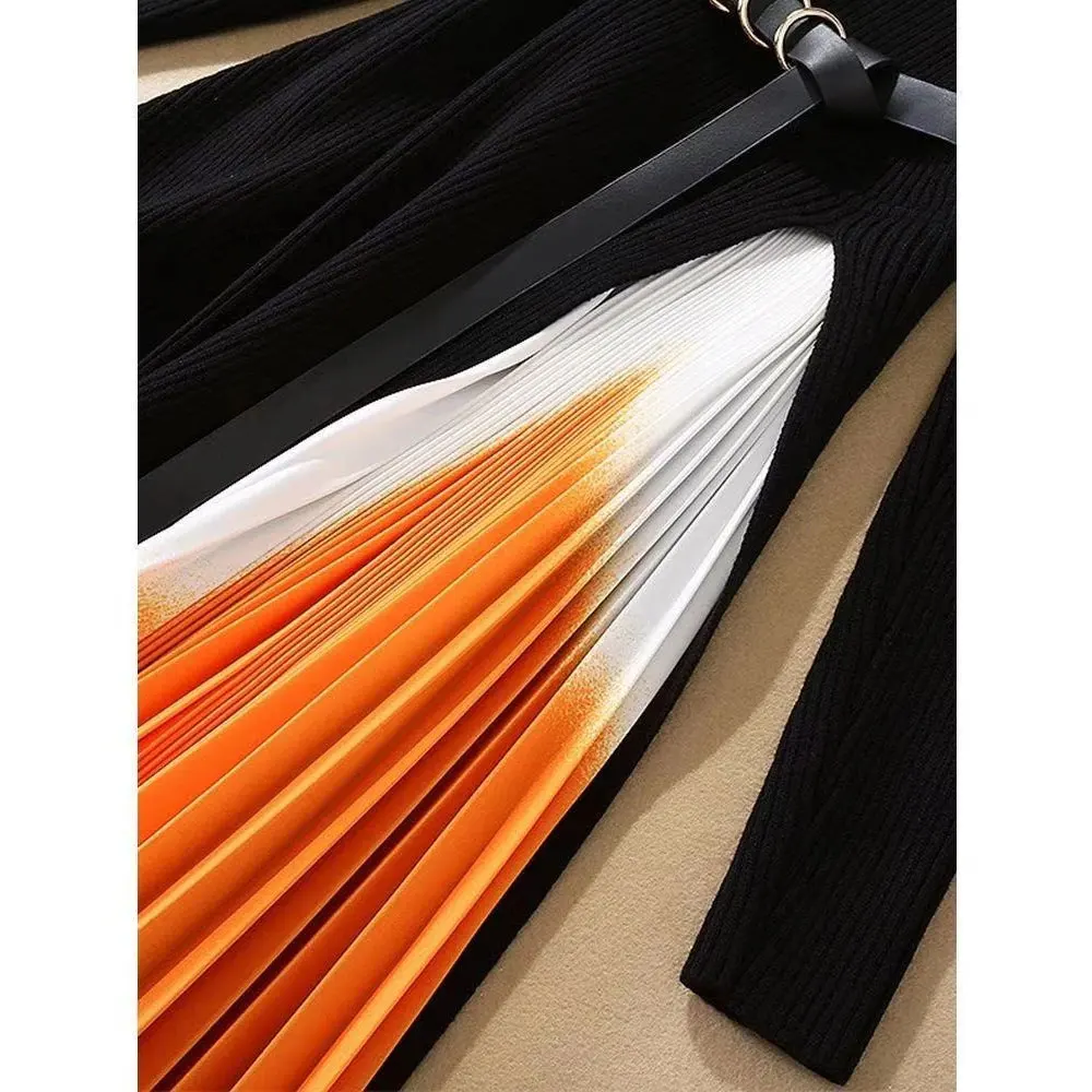 2021 Autumn Winter Women Gradient Color Stitching Knitted Warm Sweater Dress Female Long Sleeve Ol Midi Pleated Dress M8006