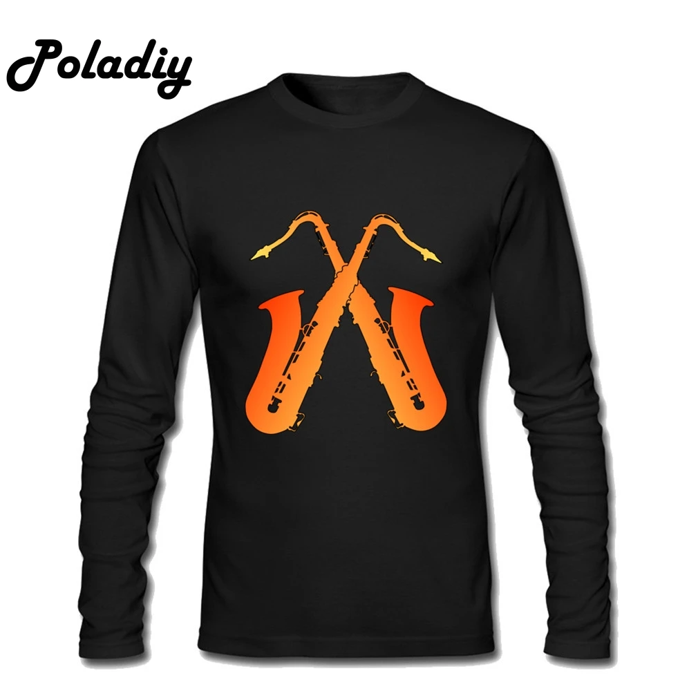  Crossed Saxophones Normal Men T Shirt Uniforms Long Sleeve Tees Shirt Youth Round Collar Shirts Blo
