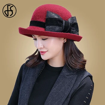 

FS Elegant Women Round Bowler Cap With Big Bowknot Wool Fedoras Cotton Church Cloche Bucket Hat Vintage Brim Chapeu Feminino