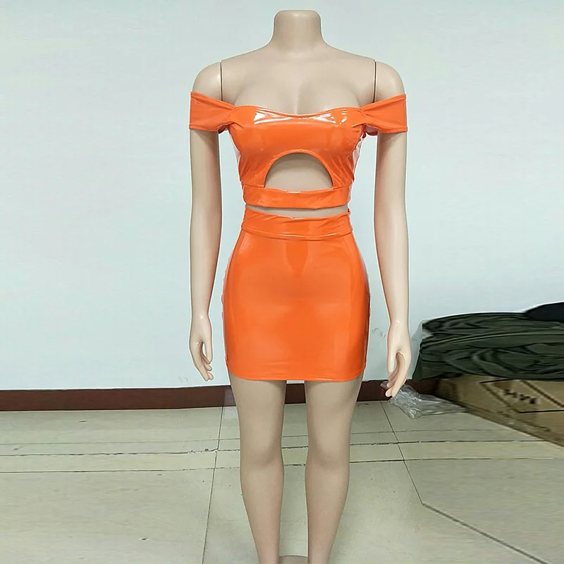 Комплект из искусственной кожи из двух предметов, женский укороченный топ с вырезом спереди и облегающая юбка, неоновый желтый оранжевый спортивный костюм из 2 предметов