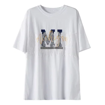 

XUXI Printing Stitching Lace T Shirt Summer 2020 Women Streetwear Fashion Embroidery Loose Cotton TShirt Short Sleeve FZ2615