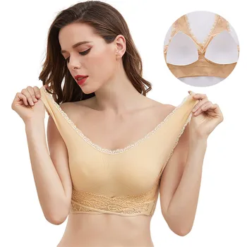 

INDJXND XXXL Women Sports Bra Solid Color Lace Solid Color Gathered Cross Comfortable Front Buckle Multi-color Optional Fashion