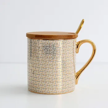 

Grid Coffee Mugs Bone China Tea Mug with Lid Spoon Milk Mug Office Household Teaware Supplies