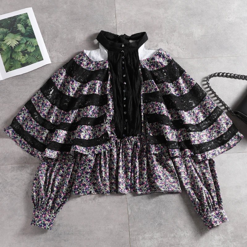 

European Station 2019 New High-quality Printed Lace Stitching Sexy Shoulder-exposed Long-sleeved Shirt Irregular Cloak Top