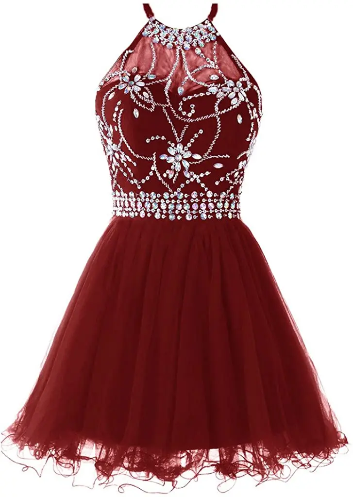 Women's Halter Short Homecoming Dress Beading Tulle Prom Dress