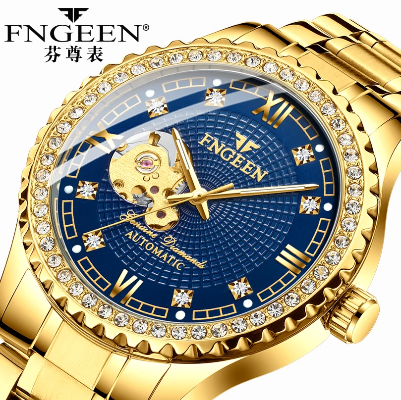 

FNGEEN Skeleton Watch 2019 New Sport Mechanical Watch Stainless Steel Tourbillon Business Gold Watch Wristwatch Homme Relogio