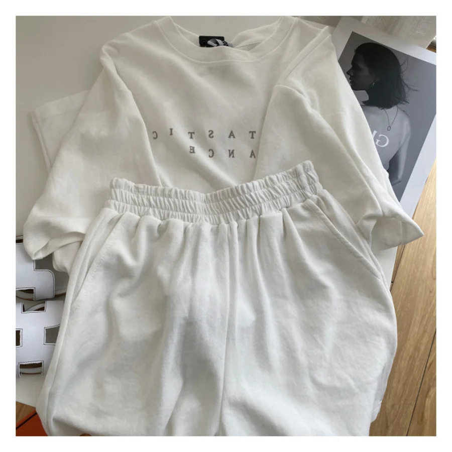Shorts Sets Summer Cotton Sets Women Casual Two Pieces Short Sleeve T Shirts and High Waist Short Pants Solid Outfits Tracksuit 3