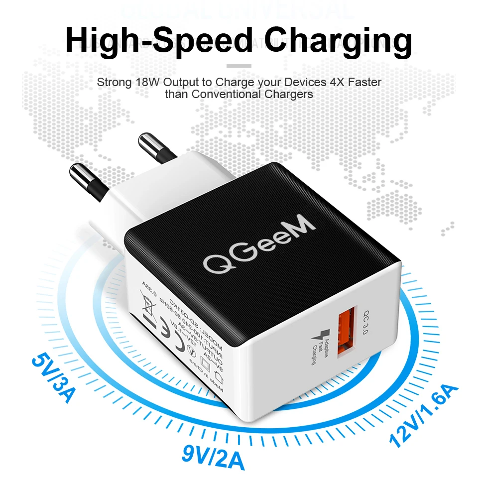 QGEEM QC 3,0 USB зарядное устройство волоконное быстрое зарядное устройство 3,0 быстрое зарядное устройство Портативный зарядный адаптер для телефона для iPhone Xiaomi Mi9 EU US