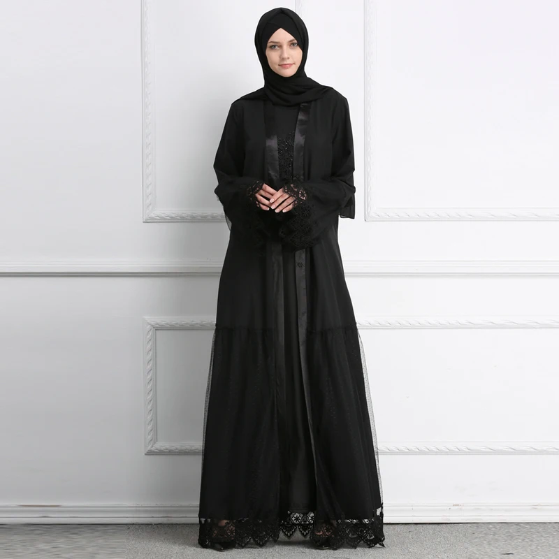 

Muslim solid color Black V-Neck vintage Lace Robe Dress Full sleeve V-Neck Loose Fashion Ankle-Length dresses with Belt