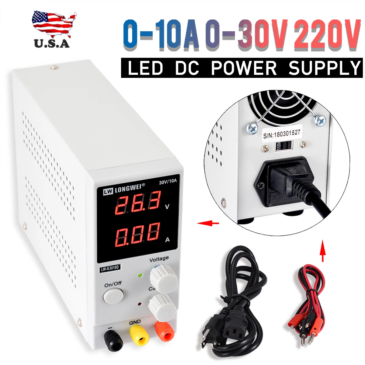 

Adjustable Digital DC Power Supply Precision Variable 0-10A 0-30V LED Display Laboratory Switching Power Supply 220V