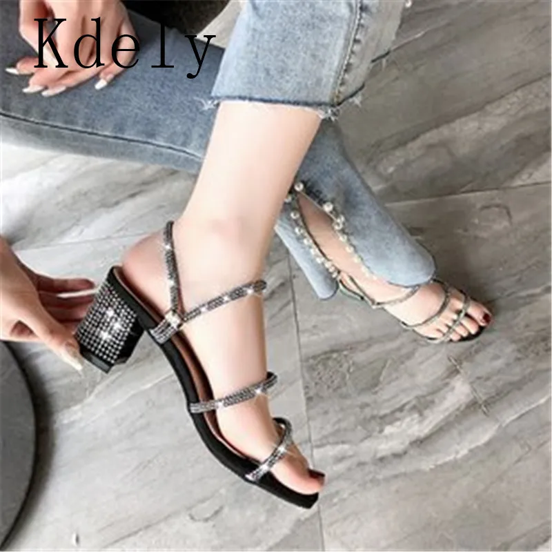 

sexy women summer sandals shoes square heels rhinestone gladiator sandals for women black silver casual slippers Plus size 40