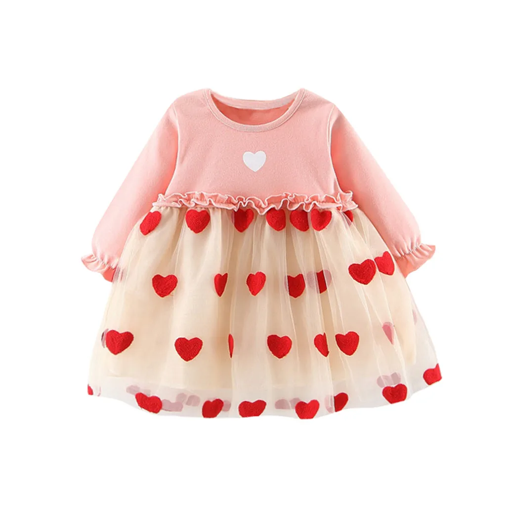 SAGACE/платье для малышей модное платье принцессы с длинными рукавами, рюшами и сеткой, из тюля, в стиле пэчворк, с сердечками для маленьких девочек