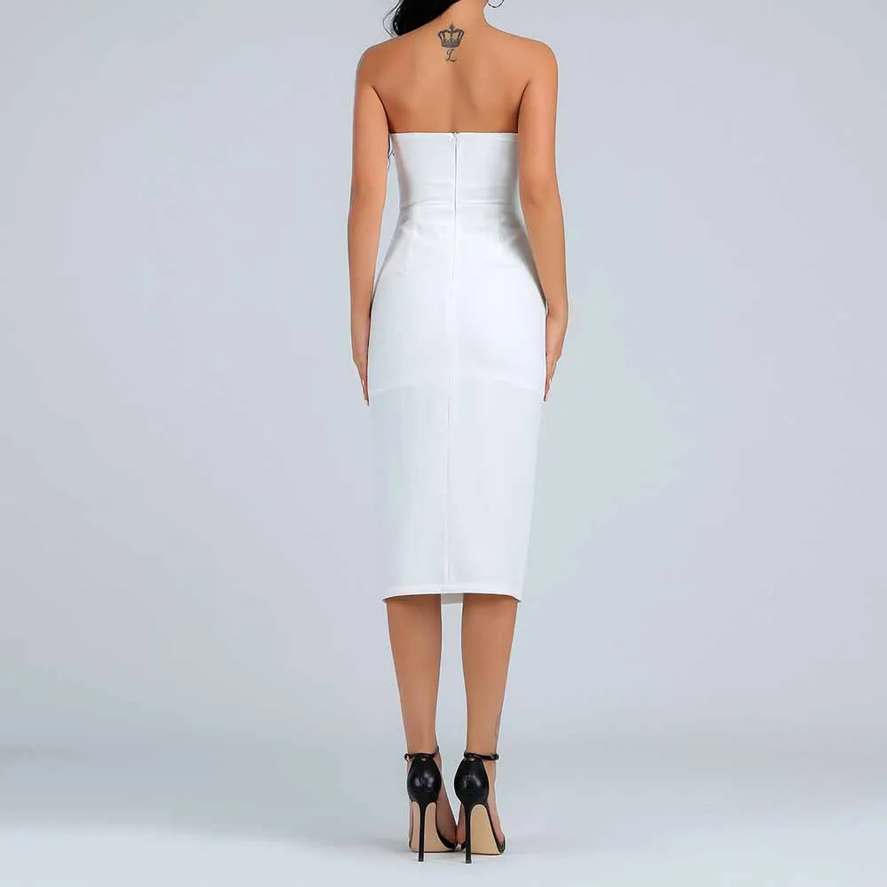 Белый без бретелек рукавов Над коленом бантом Bodycon платье HB6170-White
