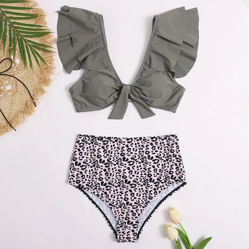 

INGAGA High Waist Bikinis Ruffle Swimsuits Leopard Swimwear Women Push Up Biquini Bathing Suits 2020 New Knotted Beachwear