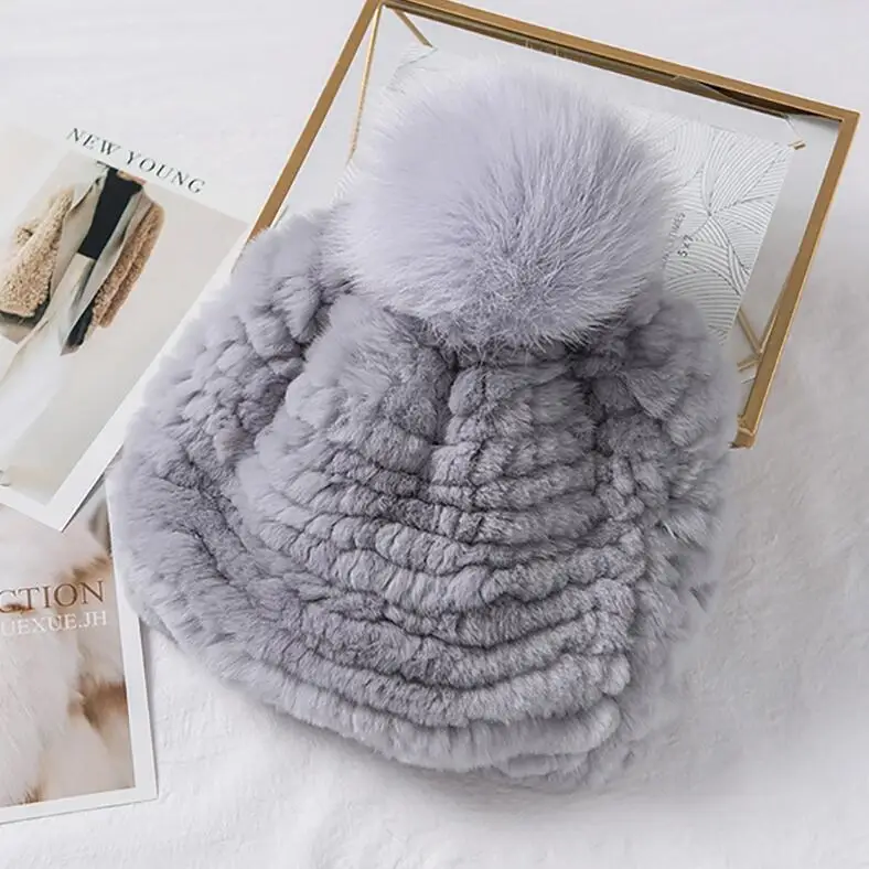 soft grey YC Fur мягкие теплые настоящие меховые шапки головные уборы для женщин эластичные вязаные шапки из меха кролика рекс шапки большого размера помпоны из лисьего меха женская шапка - Цвет: soft grey