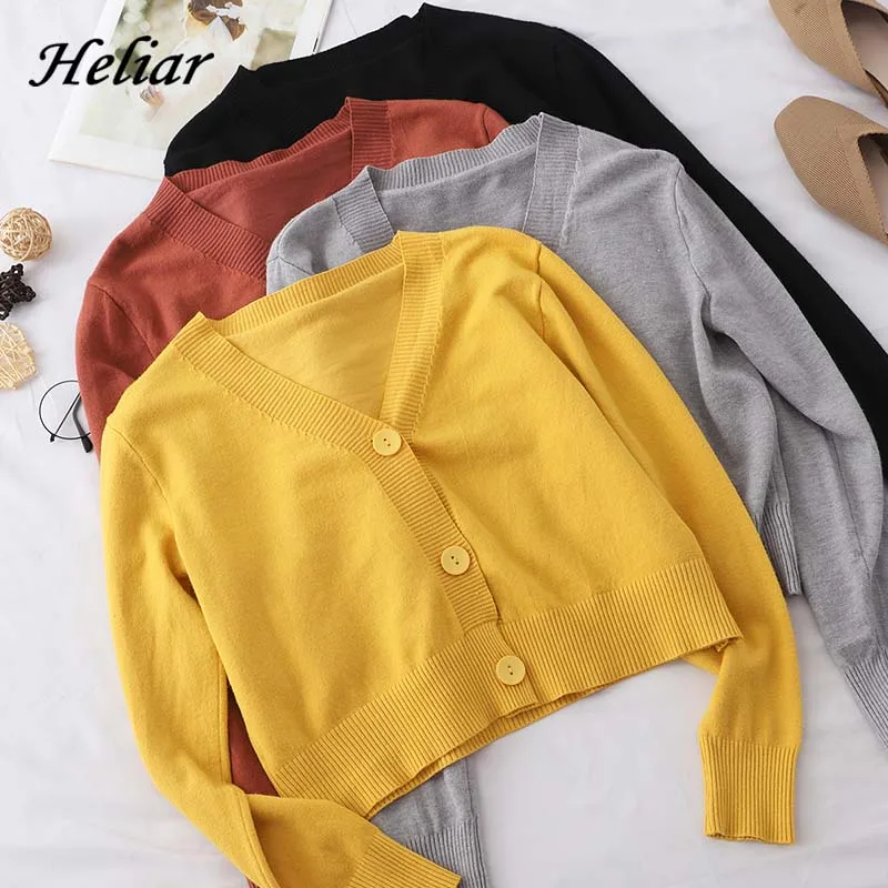 

Heliar Women V-Neck Cardigans Solid Loose Knitting Korean Style Sweater Preppy Campus Crochet Elegant Sweater Women Cardigans