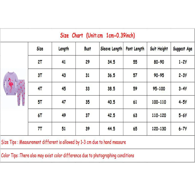 Новые детские пижамы; детская хлопковая одежда для сна с круглым вырезом и длинными рукавами; хлопковые Пижамные комплекты с рисунком фламинго для девочек; От 2 до 7 лет