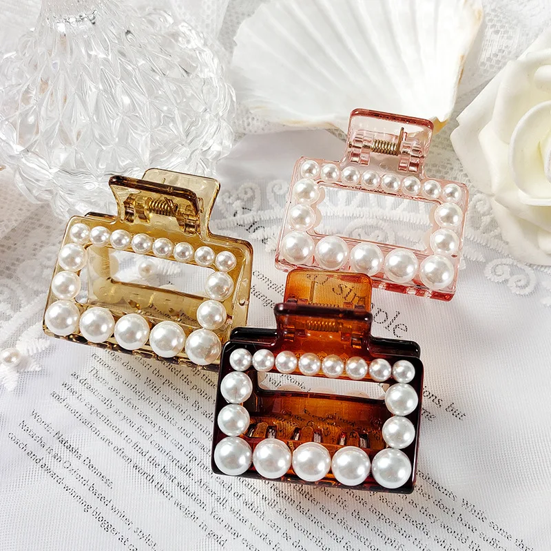 

Women Simple Big Hollow Rectangle Imitation Pearls Transparent Plastic Hair Claws Elegant Hair Clips Multi Color Hair Holder