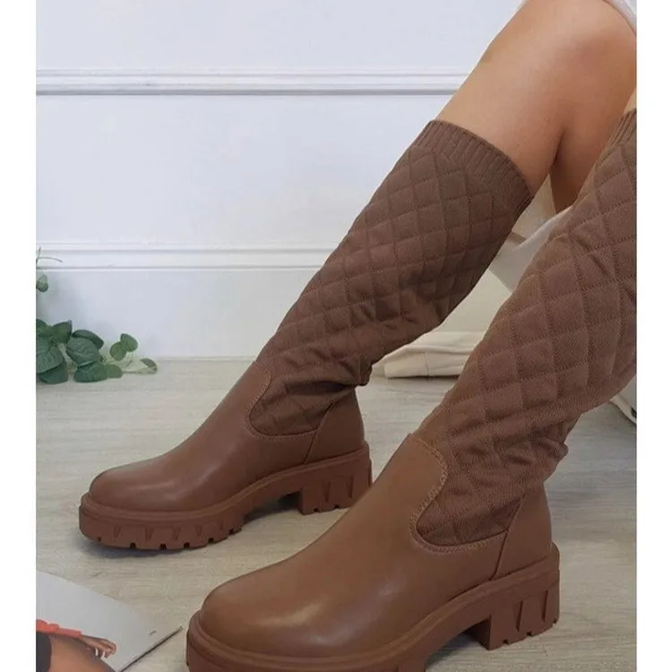 hasta la rodilla de gamuza para mujer, botines rectos de terciopelo grueso a la moda, con punta redonda, color marrón - AliExpress Calzado