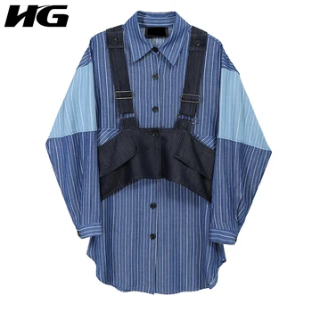 

HG Striped Patchwork Blouse Women Loose Fashion Simple Streetwear All Match Turn Down Collar 2020 Autumn Shirt Goddess ZP3548