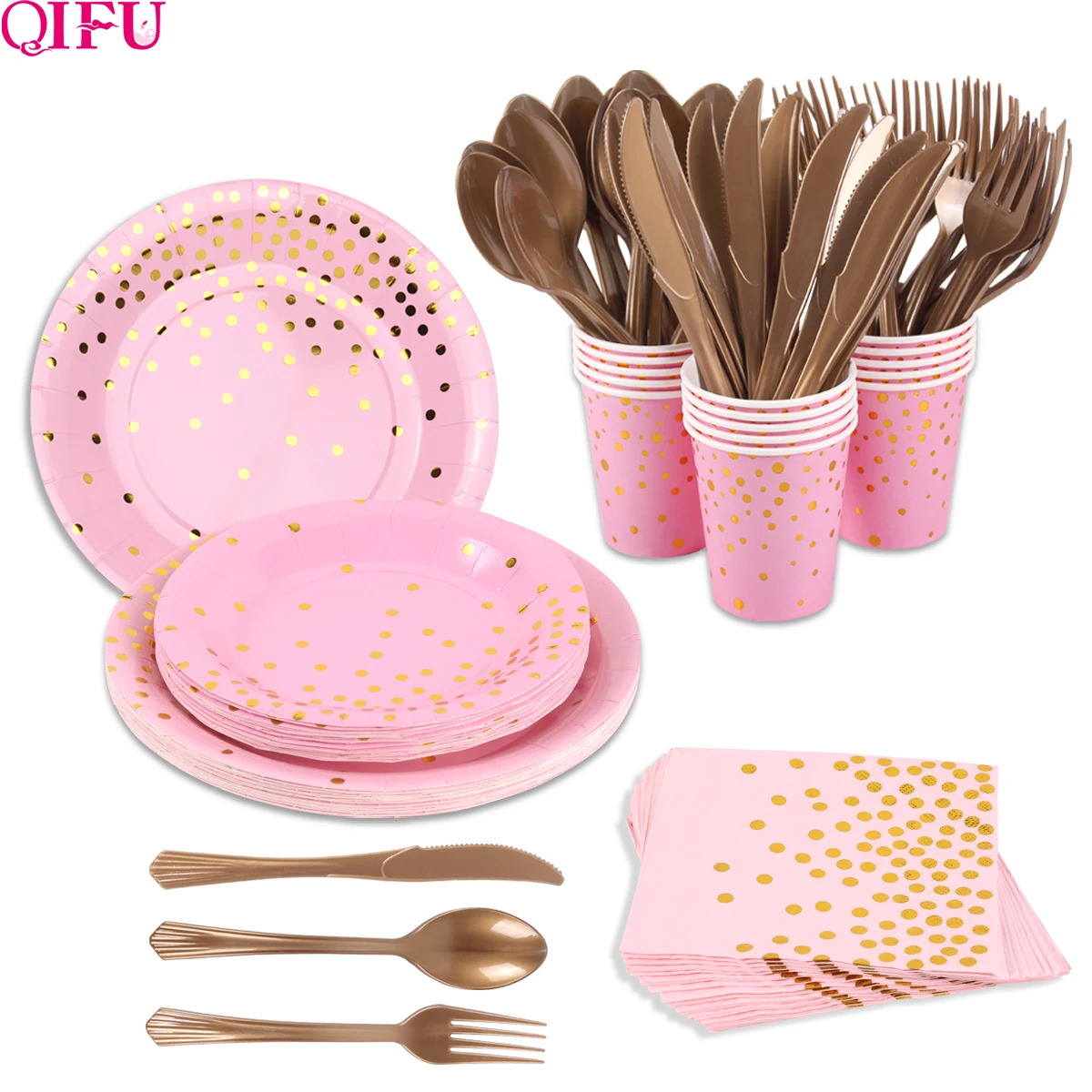 

168pcs Rose Gold Disposable Sets Tableware Disposable knife and fork Cups Paper Plate Napkins birthday party decorations adult