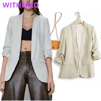 

Withered england office lady solid linen roll up sleeve blazer feminino blazer women blazer mujer 2020 women blazers and jackets