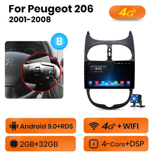 AWESAFE для peugeot 206 2001 2002 2003 2004-2008 Автомобиль Радио Мультимедийный видеоплеер gps без 2din 2 din Android 8,1 2 ГБ+ 32 ГБ - Цвет: 4G-WIFI  2GB-32GB -B