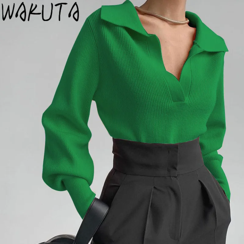 Женский свитер с отложным воротником WAKUTA зеленый модный однотонный пуловер