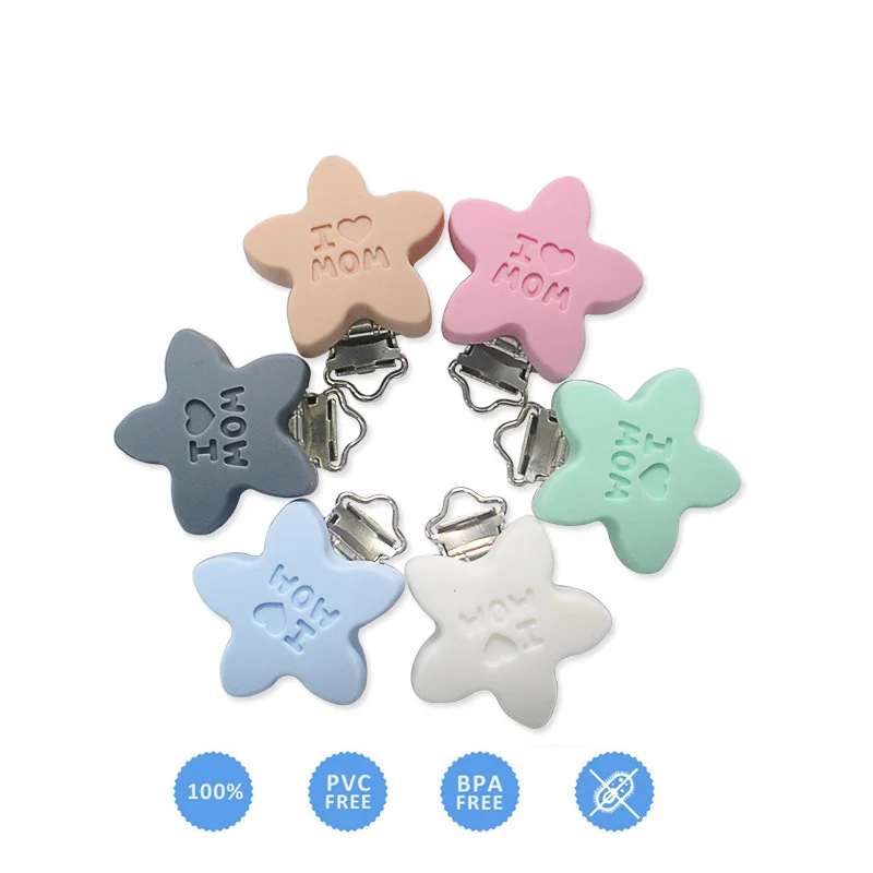 

Baby Teether Pacifier Clip 'I Love Mom' Dummy Holders 1pc BPA Free Food Grade Silicone Teethers Star Shape Nursing Baby Teethers