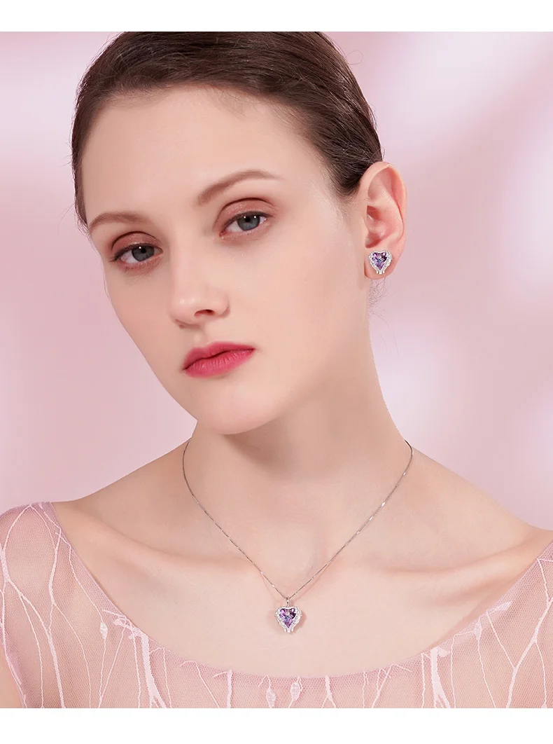 Crystal Heart Angel Wings Pendant 925 Sterling Silver Necklace Earrings Set Fashion Jewelry