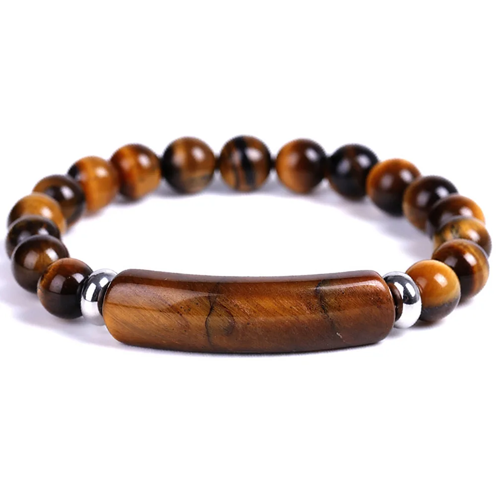 Tiger Eye Натуральный Камень Strand браслет 8 мм Рейки Исцеление розовый кварц авантюрин Агаты Роза Кристалл Прямоугольник Бар Шарм из бисера браслеты - Окраска металла: Tiger Eye