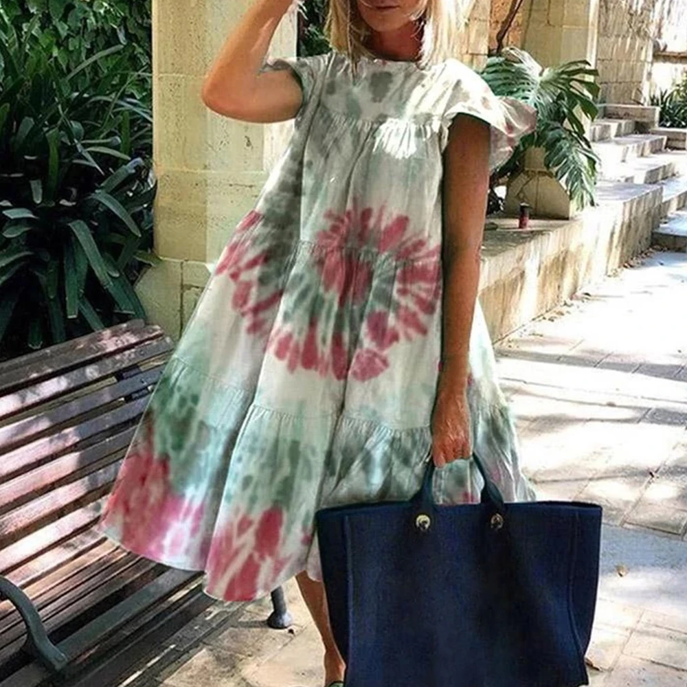 Women Vintage Floral Print Loose A-Line Dress 2020 Summer O-neck Petal Short Sleeve Dress Elegant  Party Dress dropshipping