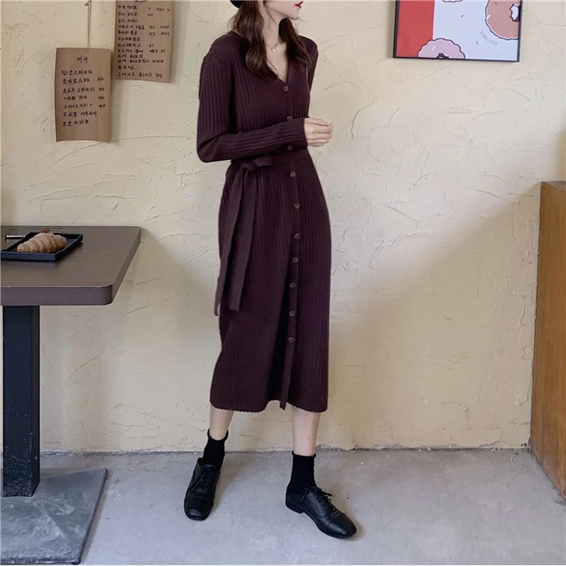 

Winter Women Maxi Dress Autumn Long Sweater Dresses V-neck Single-breasted Knitted Long Dress