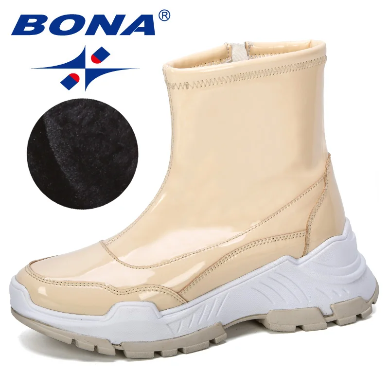 BONA/Новинка года; дизайнерская зимняя обувь из блестящей кожи; женские уличные ботильоны; женские ботинки; zapatos mujer; теплая плюшевая обувь; удобная обувь