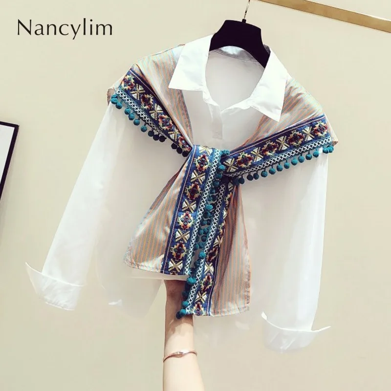 

2019 Autumn New Fashion Korean Scarf Stitching National Wind Single-breasted Shirt Women Casual Street Wear Shirt Blusas Ladies