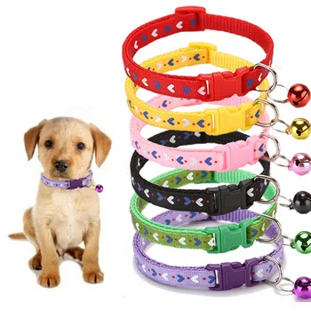 

New Cute Pet Collars Heart Print Puppy Adjustable Polyester Necklace Lovely With Bells Print Cat Dog Necklace Collar Supply