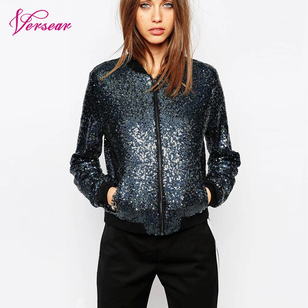 

Women Sequin Coat Bomber Jacket Long Sleeve Zipper Streetwear Casual Loose Glitter Outerwear 2019 New Fashion Female Autumn Coat